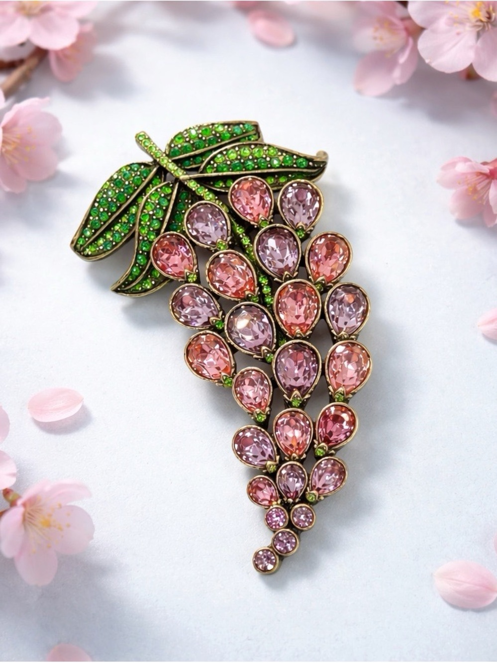Heidi Daus “Bunch Of Grapes” Crystal Brooch Pink Purple Green Pave Crystals 4”x2